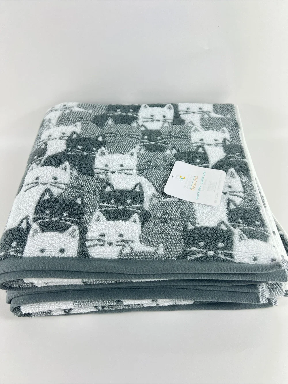 Deborah Connolly Bath Towel Set Gray White Cat Design Cotton Blend 2 Pc NEW